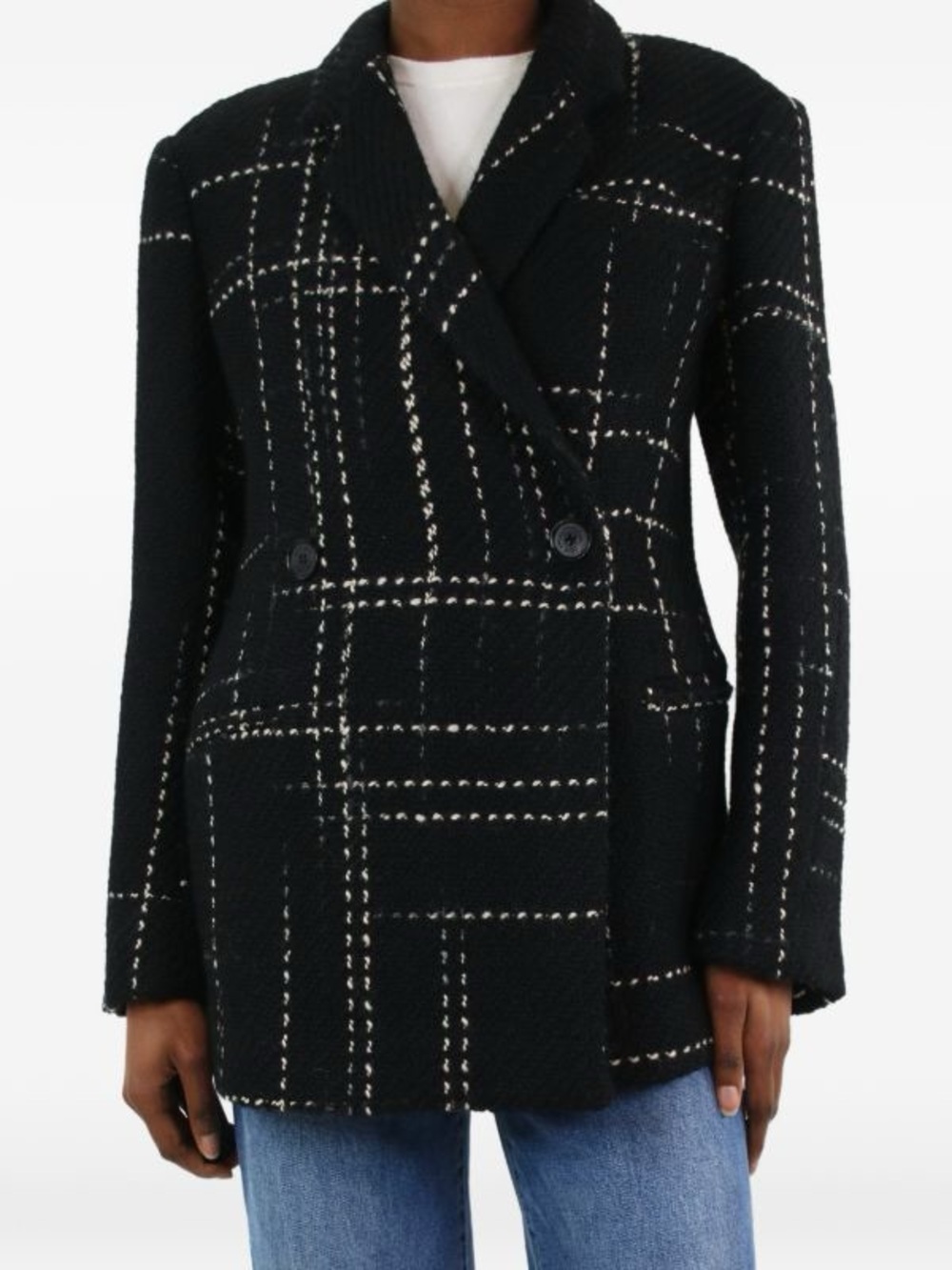 Anine Bing Black Plaid Double-Breasted Blazer